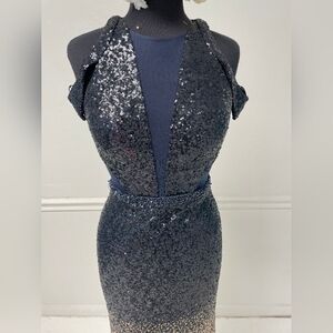 *SAMPLE*  Dave and  Johnny  Sequin Gown.   Size 8 in Navy  and Gold